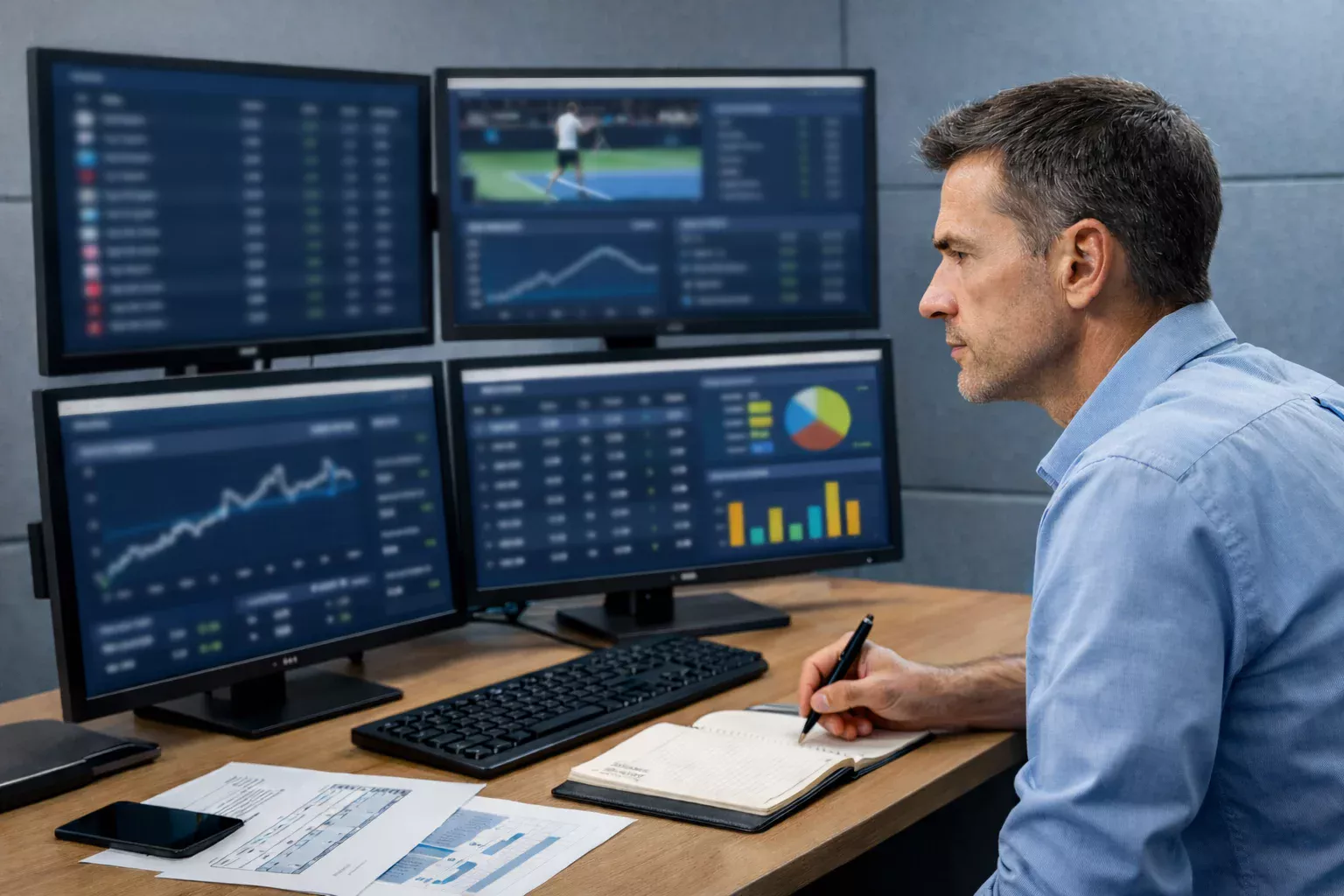 Analist bestudeert tennisstatistieken op meerdere schermen