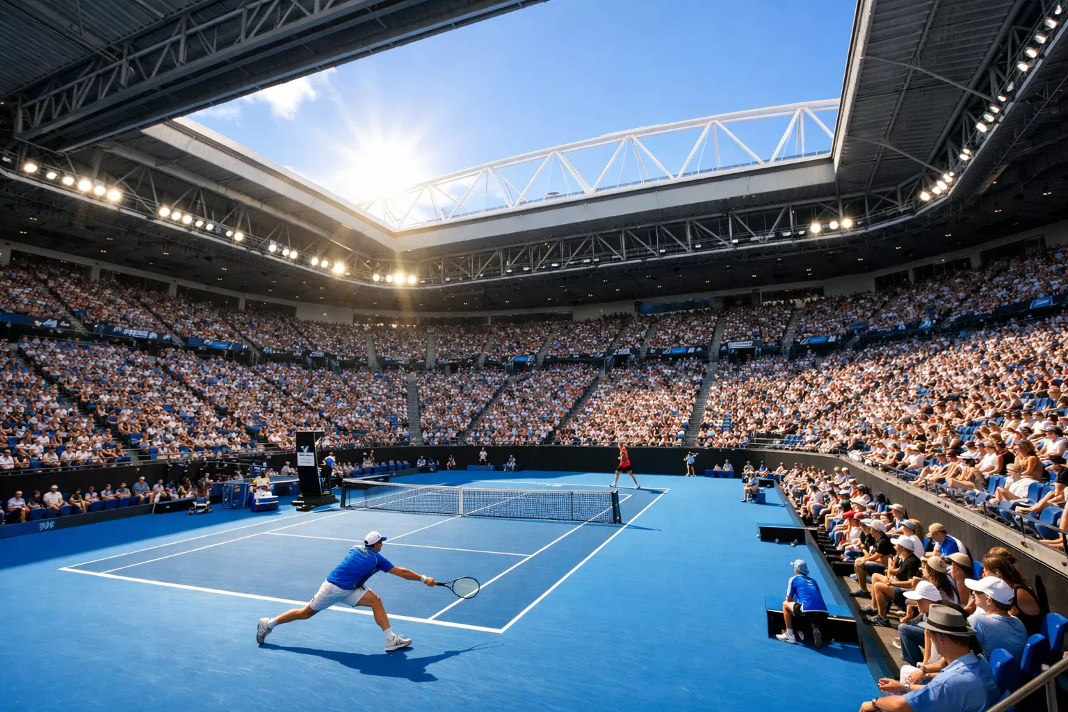 Rod Laver Arena in Melbourne met blauwe hardcourt baan tijdens de Australian Open