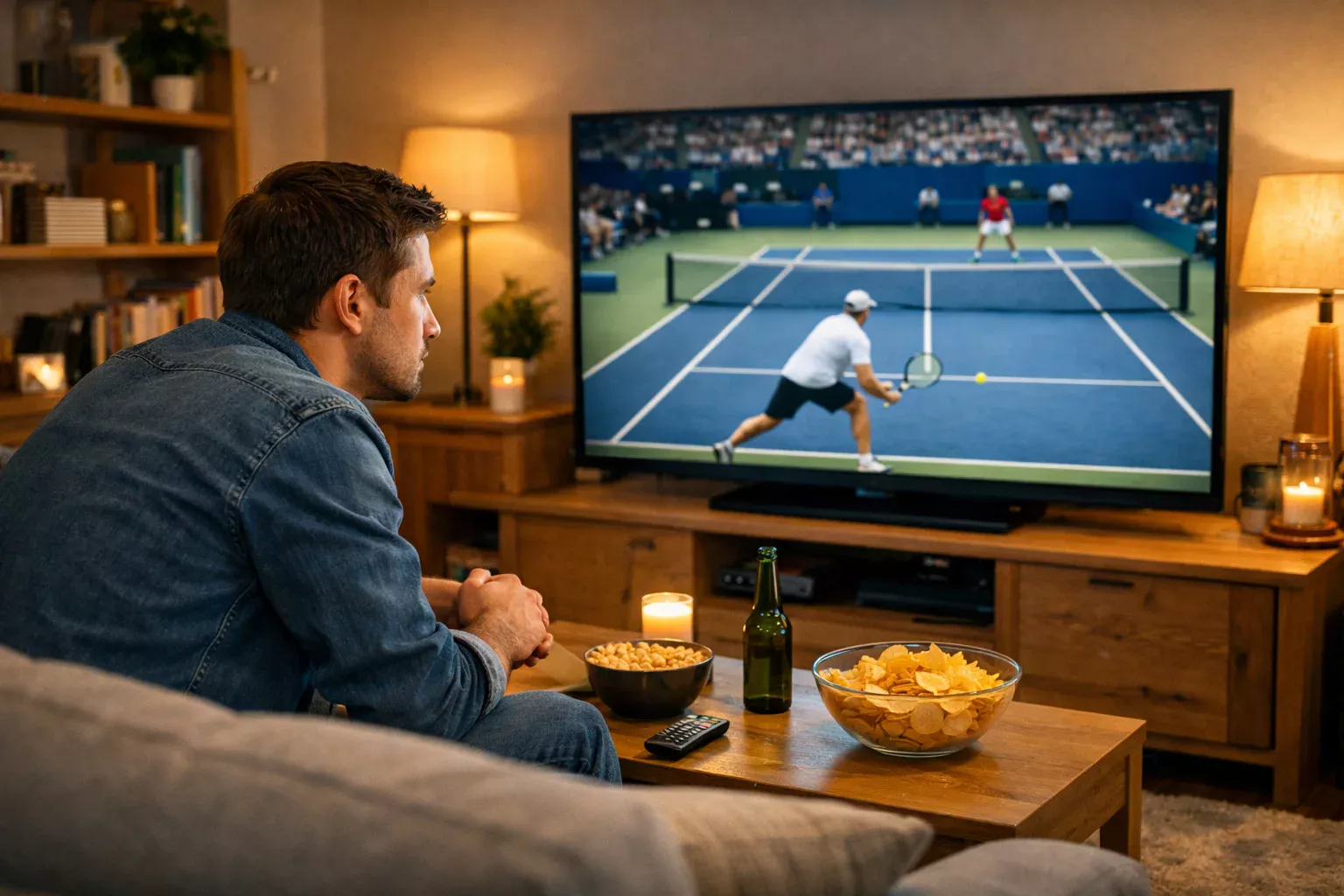 Jonge man kijkt geconcentreerd naar een tenniswedstrijd op televisie