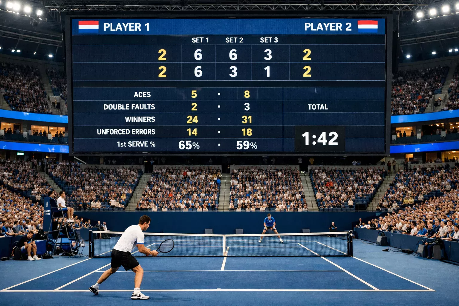 Overzicht van een tenniswedstrijd met live scorebord op groot scherm
