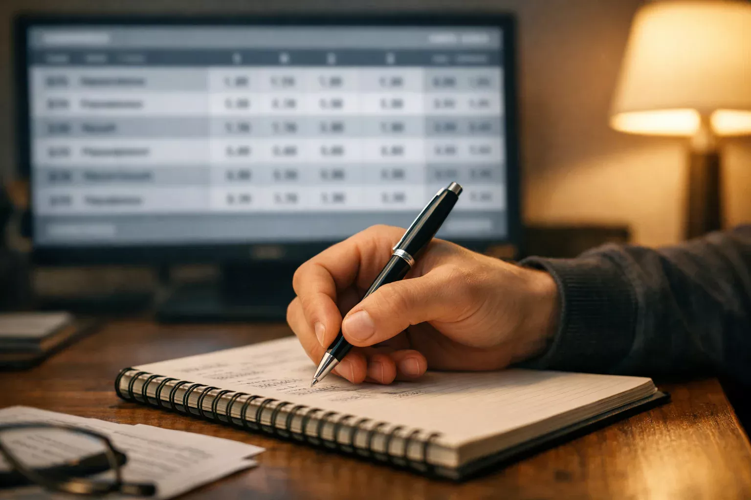 Close-up van een hand die aantekeningen maakt naast een scherm met weddenschappen