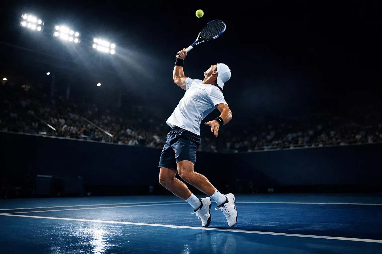 Professionele tennisser serveert tijdens een nachtelijke wedstrijd onder de lampen