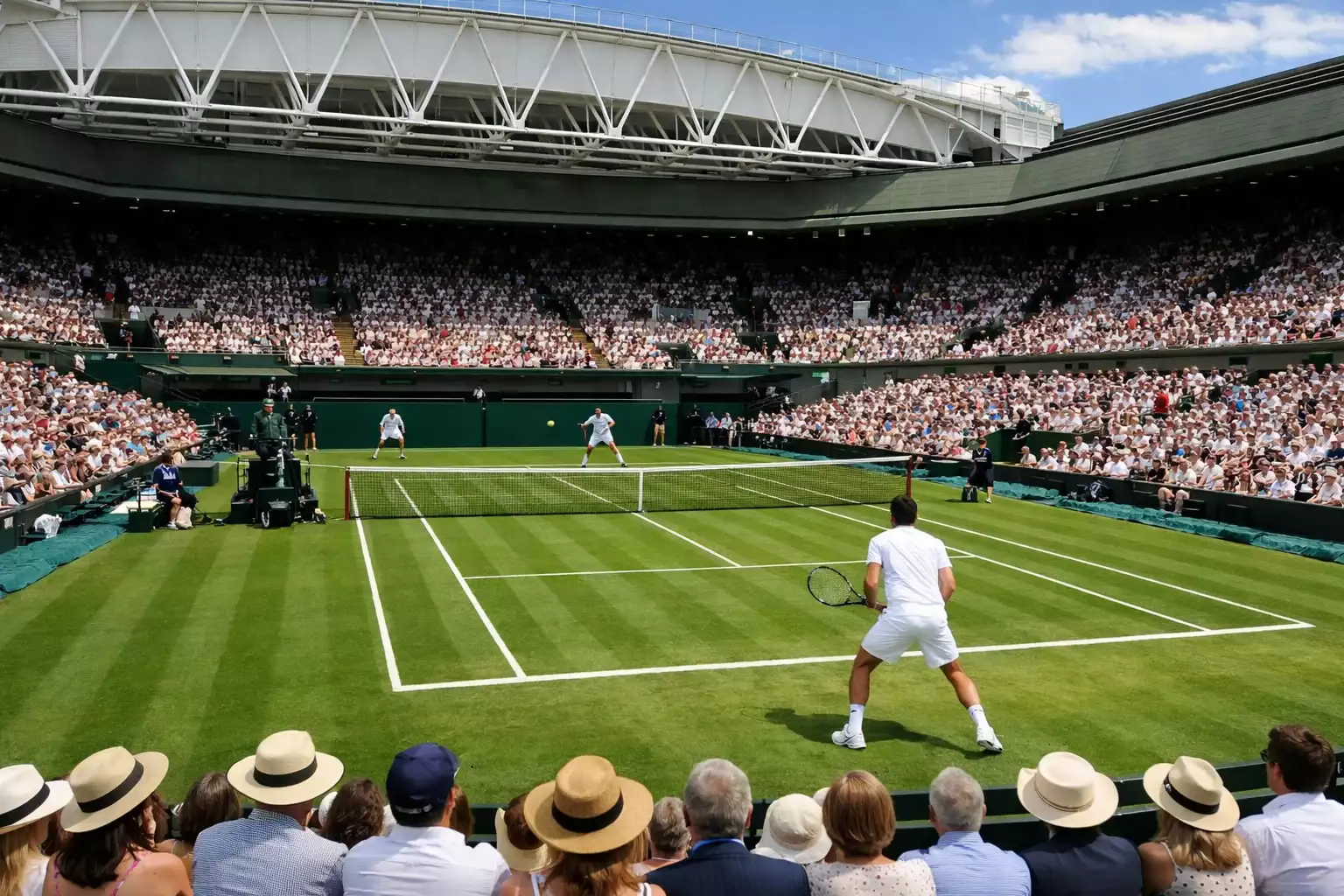 Groene grasbaan van Wimbledon met spelers in traditioneel wit tenue