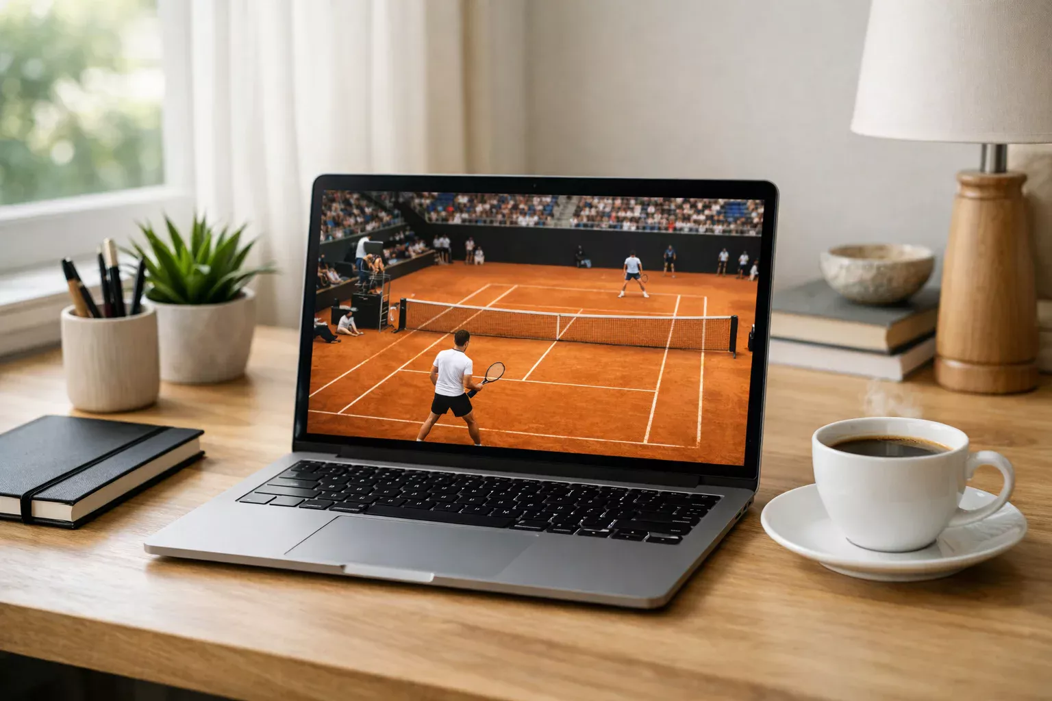 Moderne werkplek met laptop die een live tenniswedstrijd streamt
