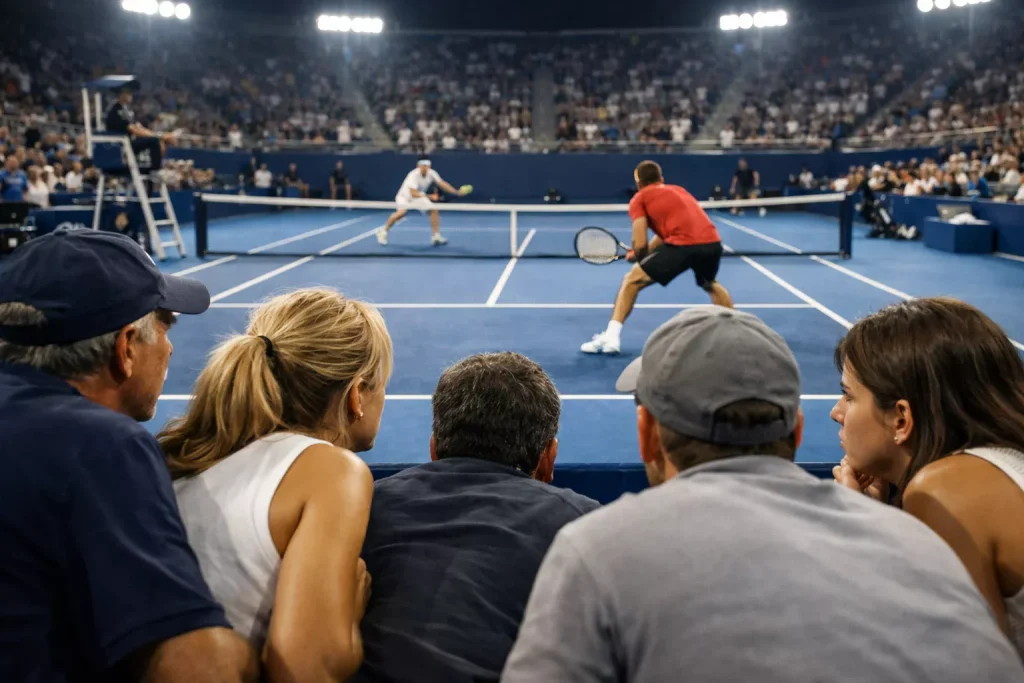 Spannend moment tijdens een tenniswedstrijd met gefocuste toeschouwers op de tribune