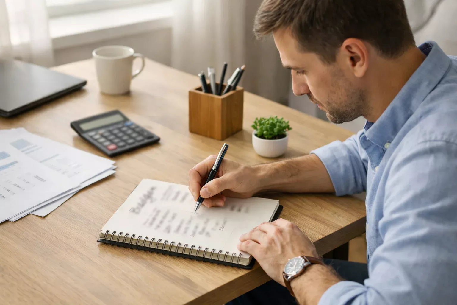 Persoon maakt een budget planning met pen en papier aan bureau