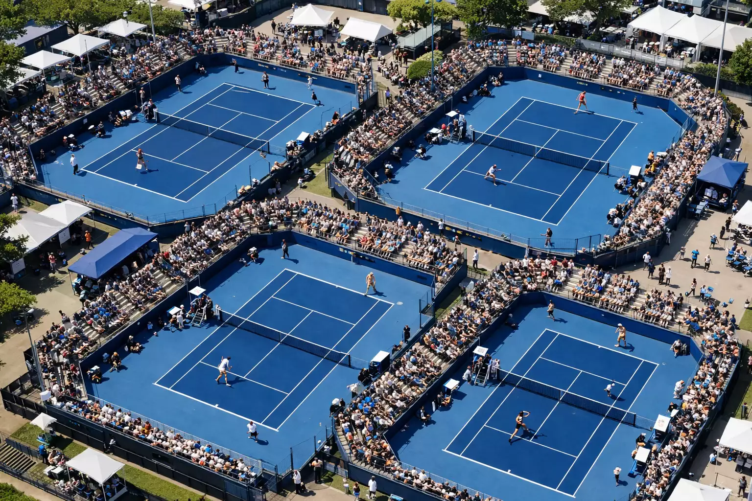 Overzicht van een tennistoernooi met meerdere banen en toeschouwers