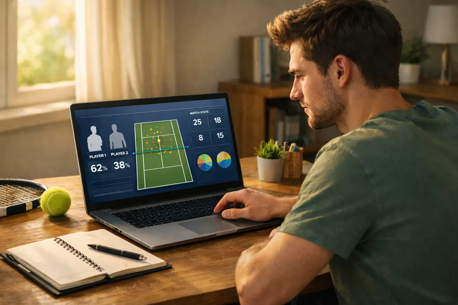 Persoon bekijkt tennisstatistieken op een laptop met notitieblok ernaast