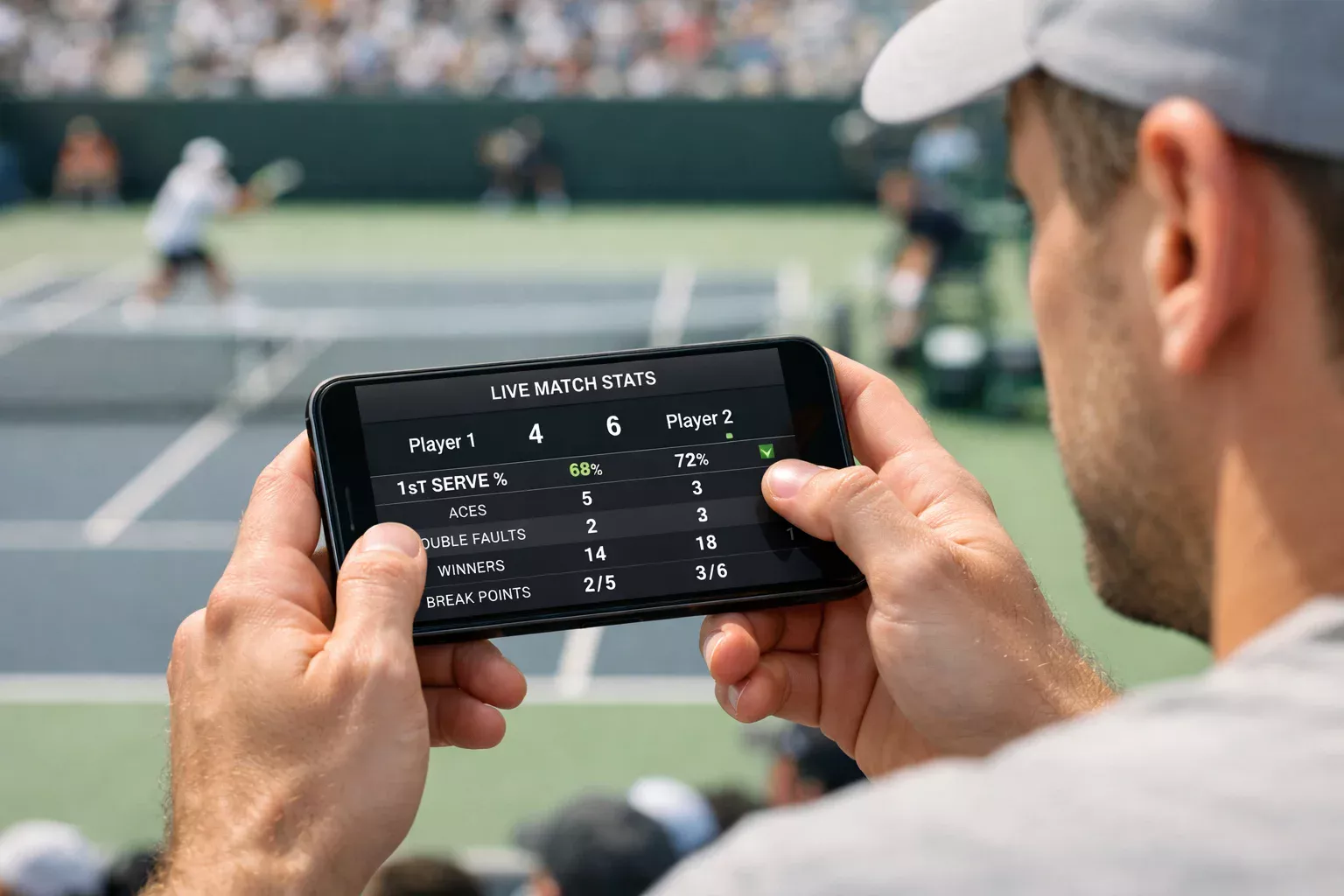 Persoon volgt live tennisstatistieken op smartphone tijdens een wedstrijd