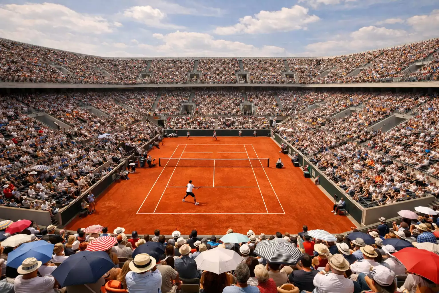 Rode gravelbaan van Roland Garros met het Parijse publiek op de tribune
