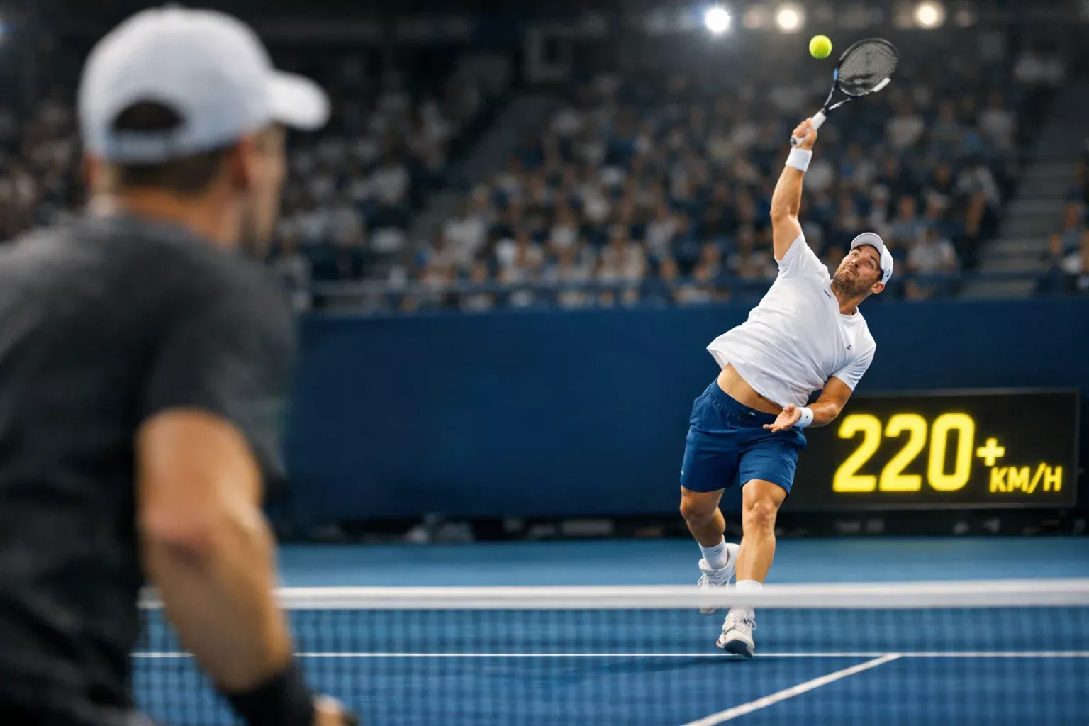 Tennisser slaat een ace met hoge snelheid zichtbaar op het scherm