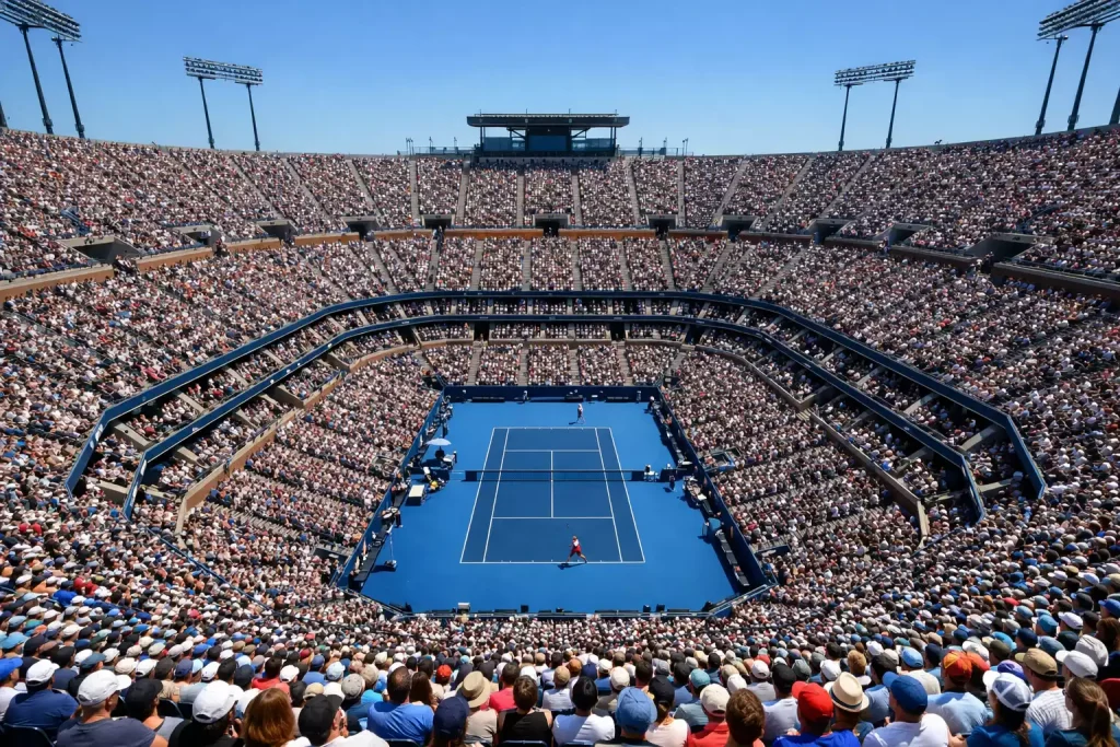 Luchtfoto van een Grand Slam tenniscomplex met centrale baan vol toeschouwers
