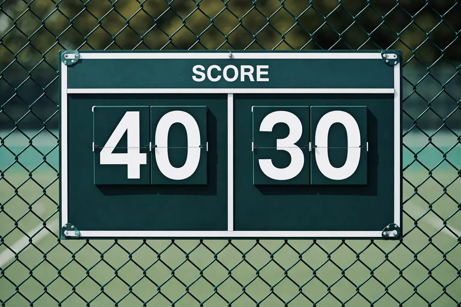 Scorebord op een tennisbaan met de stand 40-30 weergegeven