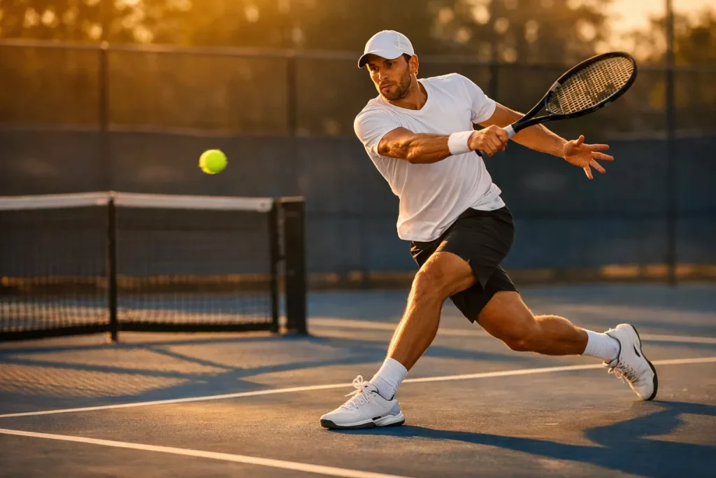 Professionele tennisser slaat een forehand op een hardcourt bij zonsondergang