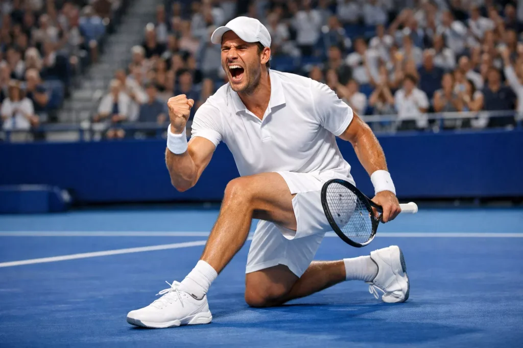 Tennisser viert een overwinning met gebalde vuist op een professionele baan