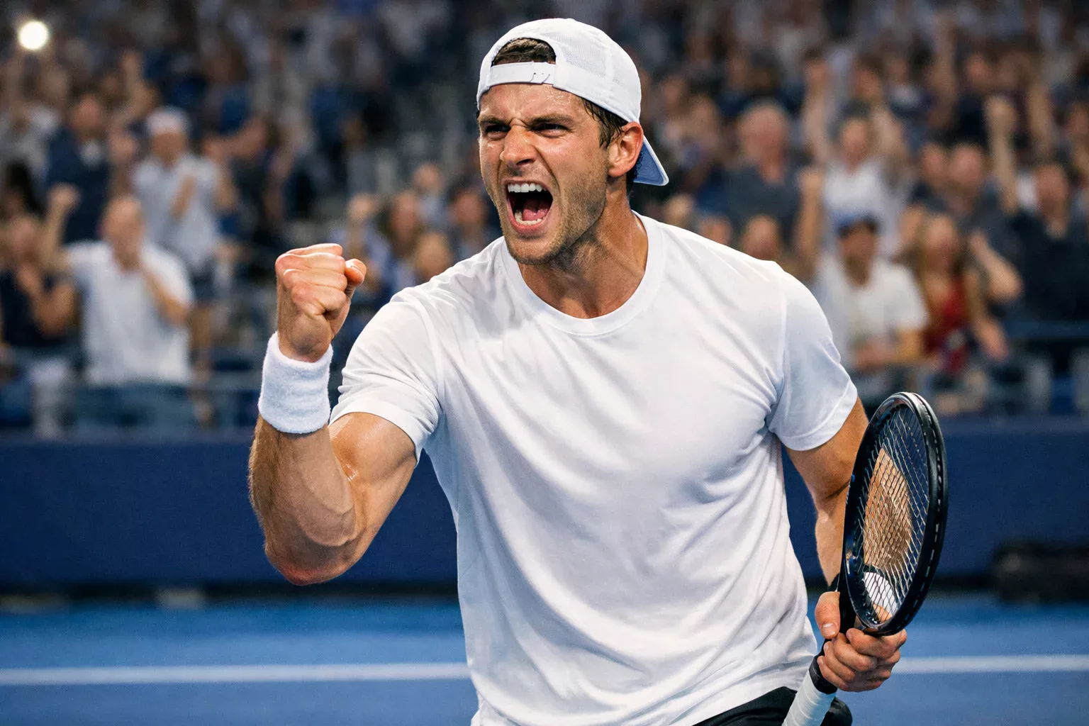 Tennisser maakt een fistpump na het winnen van een cruciaal punt