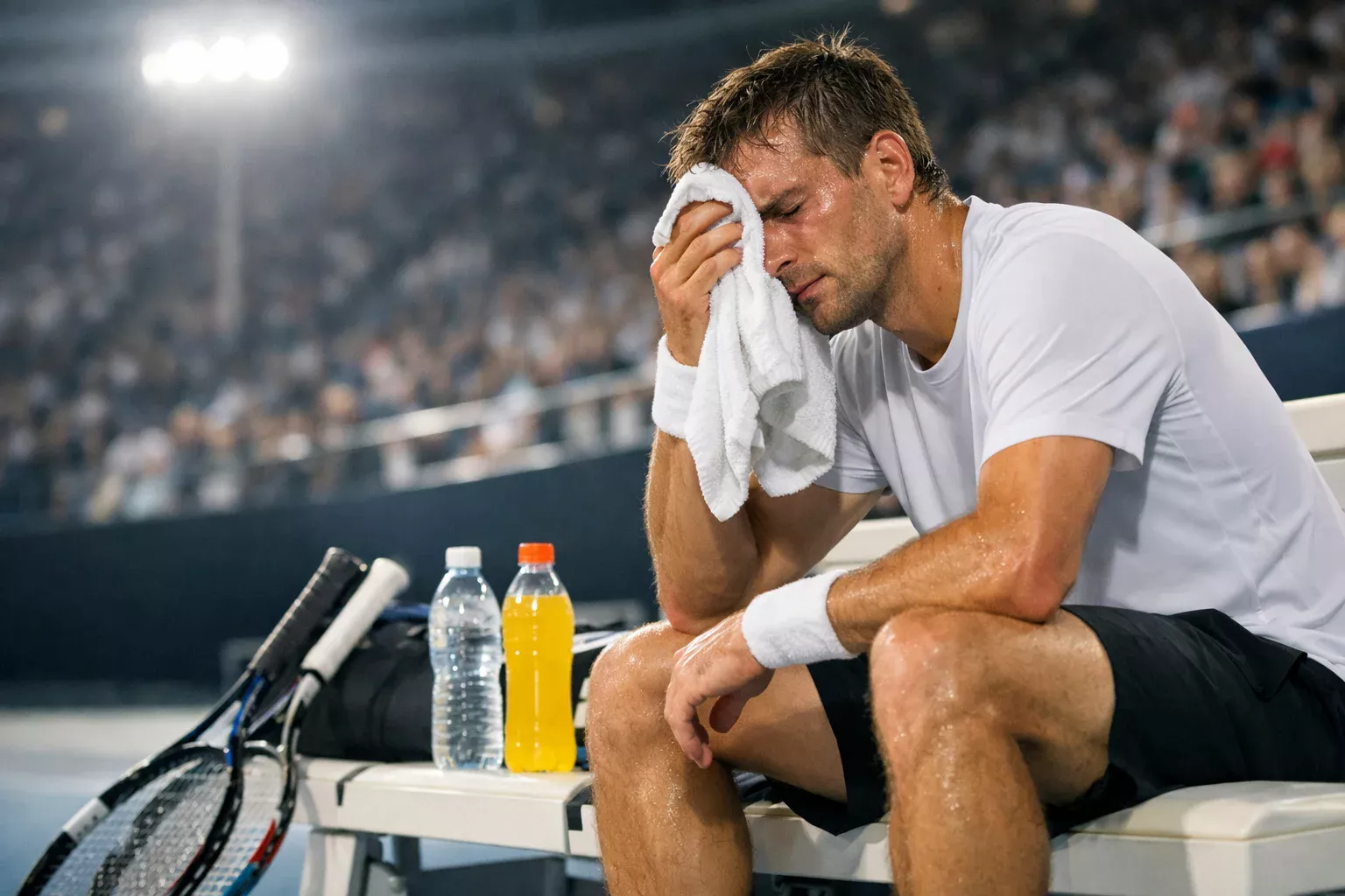Tennisser veegt zweet van voorhoofd tijdens pauze, zichtbare vermoeidheid