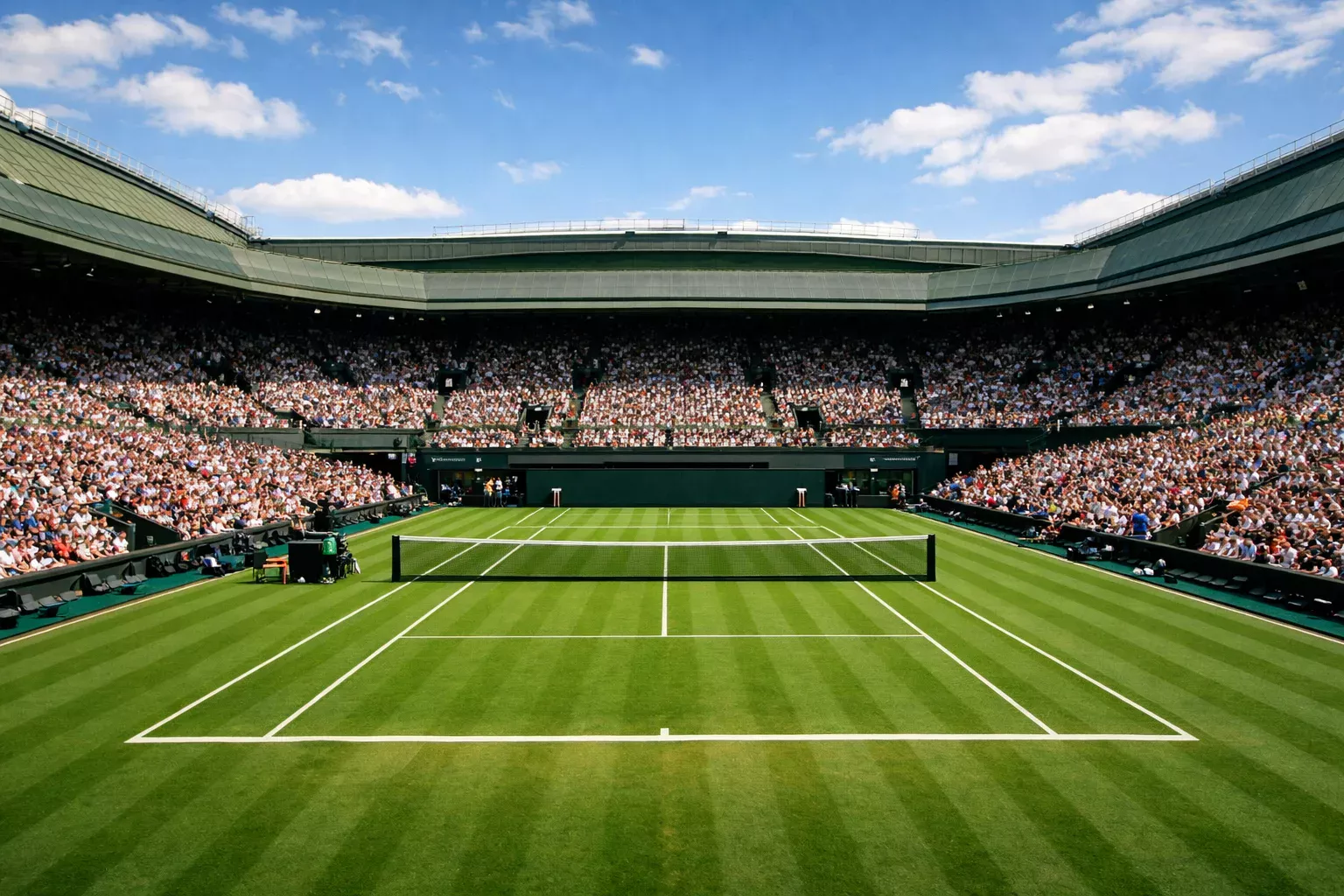 Tennisbaan met tribune tijdens een Grand Slam toernooi met volle tribunes