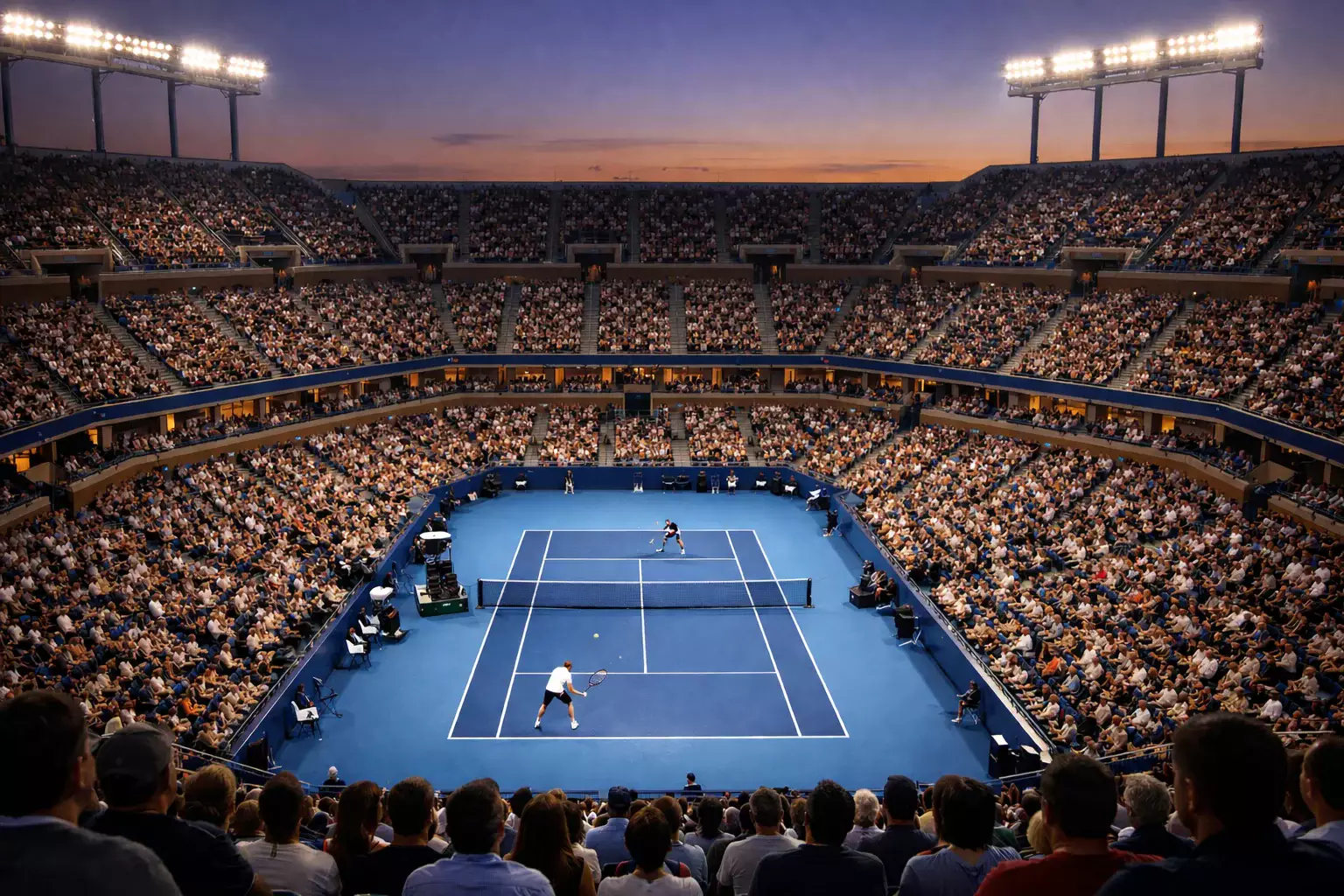 Vol tennisstadion met toeschouwers tijdens een spannende avondwedstrijd onder de lampen