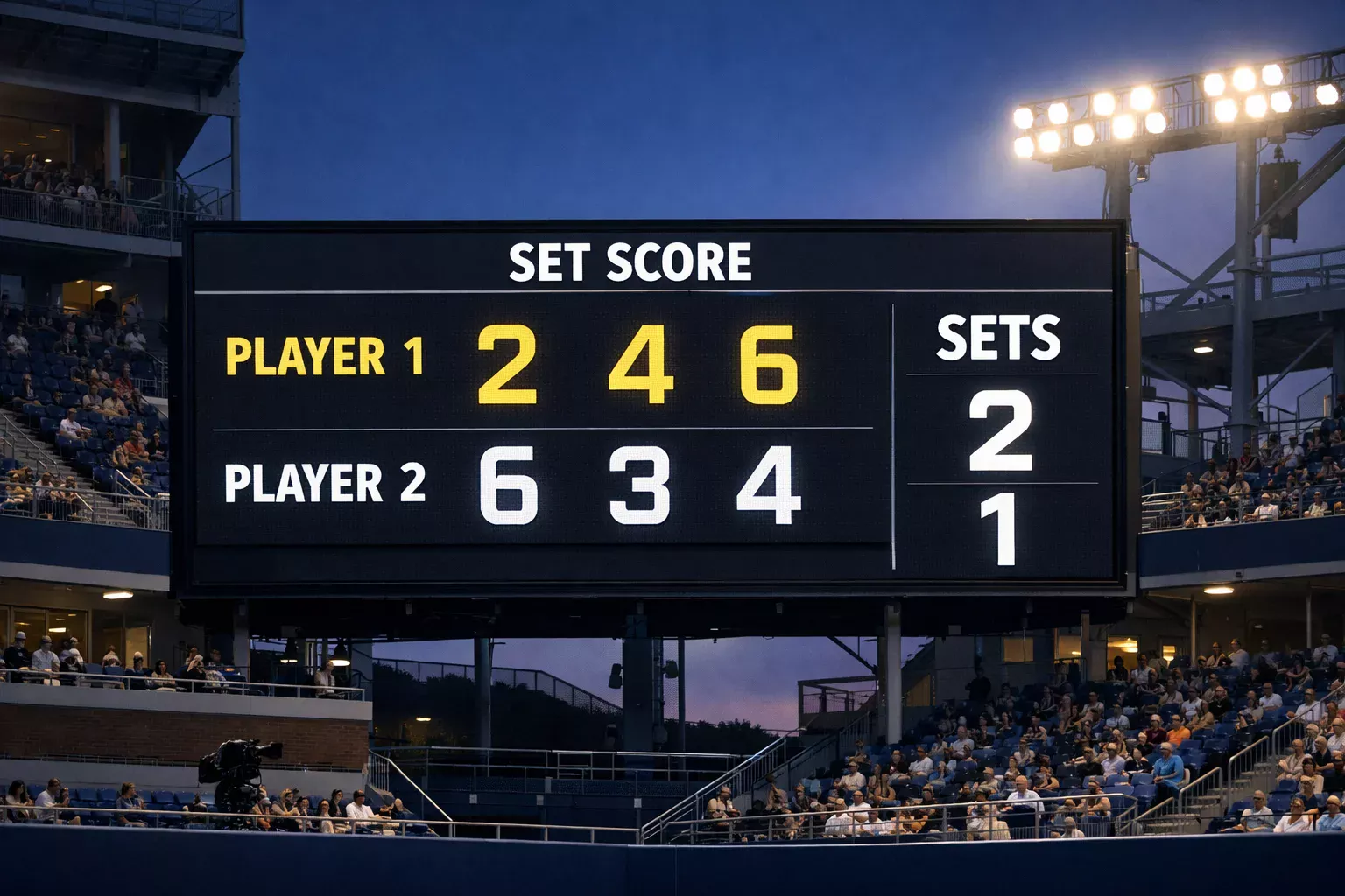 Tennisbaan met elektronisch scorebord dat de setstand toont