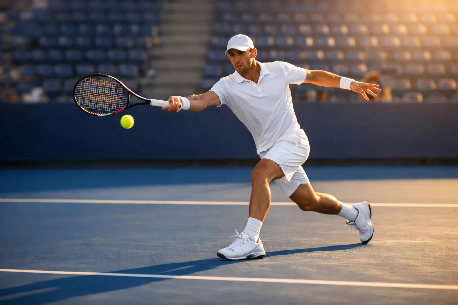 Professionele tennisspeler slaat een krachtige forehand op een hardcourt tijdens een wedstrijd