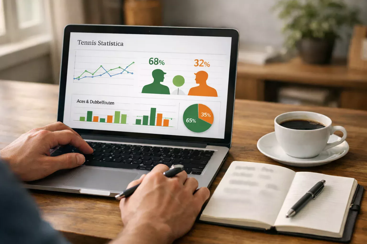 Persoon analyseert tennisstatistieken op een laptop met aantekeningen op papier