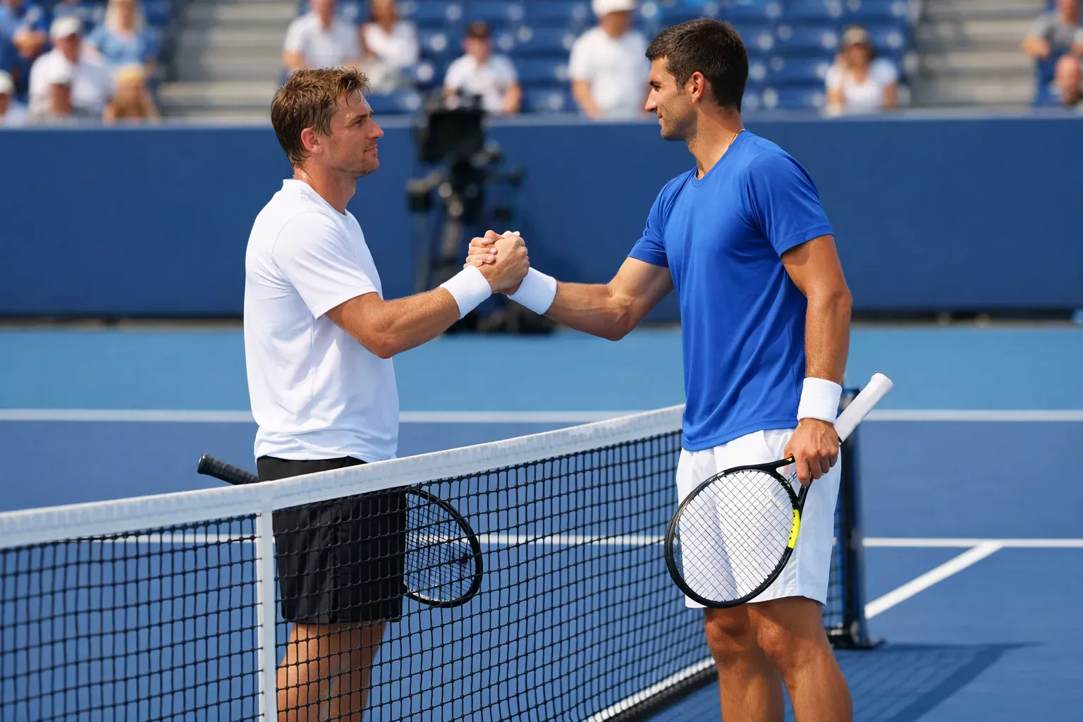Twee tennissers schudden elkaar de hand bij het net na een wedstrijd