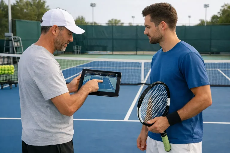 Tenniscoach analyseert wedstrijdbeelden met een speler op de baan